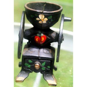 Vintage Miniature Black Cast Iron Grinder Mill Painted Flowers Heart Drawer Work